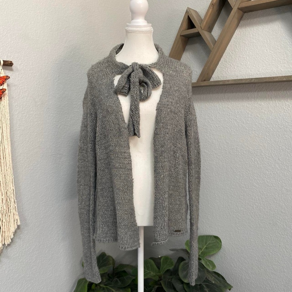 HOLLISTER GREY KNIT CARDIGAN OPEN TIE FRONT DARK ACADEMIA COTTAGECORE MORI KEI